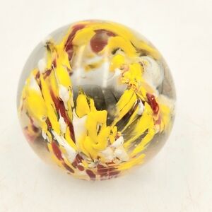 Art Glass Paperweight Orb Yellow Red Floral Decor Desk Vintage